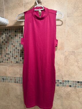 Mock Neck Sleeveless Midi Dress in Bright Fuchsia